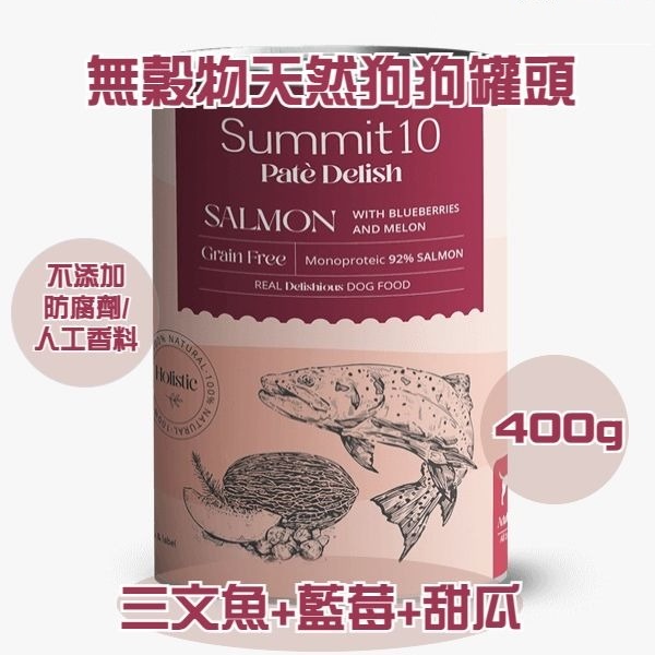 Summit10 - 無穀物天然狗狗罐頭 (三文魚+藍莓+蜜瓜) 400g